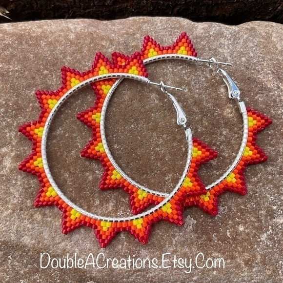 Sunburst 2 inch Beaded Hoops, New, Handmade by Me - Picture 1 of 9